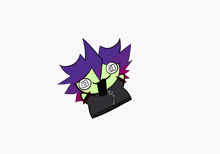 a cartoon drawing of a person with purple hair and circles in their eyes