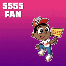 a cartoon of a boy holding a sign with the number 5555 on it