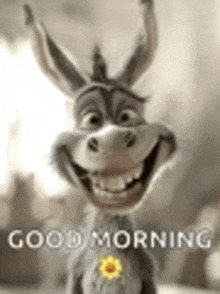 a cartoon donkey is smiling and holding a sunflower on its chest .