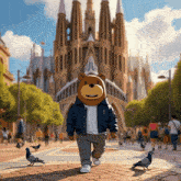 a teddy bear in a blue jacket is walking in front of a large building