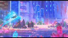 a painting of a futuristic city with a dolphin and crystals in the foreground