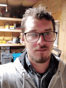 a man wearing glasses and a hoodie looks down at the camera