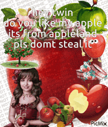 a picture of a girl holding an apple with the caption heytwin do you like my apple