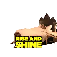 a man laying on a bed with the words rise and shine written below him