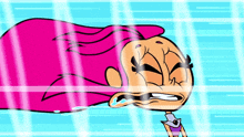 a cartoon character with pink hair is standing in the water