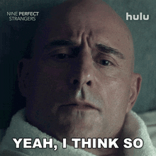 a bald man with a white towel around his neck says yeah i think so