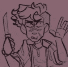 a drawing of a boy holding a knife and making a peace sign .