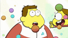 a cartoon of a man holding a child surrounded by colorful candies