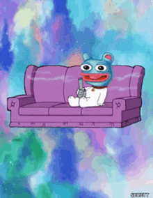 a cartoon character is sitting on a purple couch holding a game controller