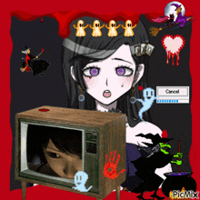 a girl with purple eyes is sitting in front of a tv with ghosts and a cancel button