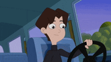 a cartoon character is holding the steering wheel of a vehicle