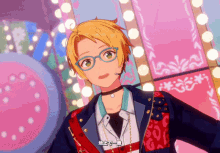 a boy with glasses and a choker stands in front of a pink and blue wall