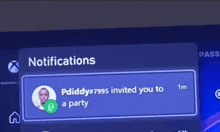 a notification that pdiddy # 7999 invited you to a party