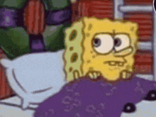 a cartoon of spongebob squarepants laying on a bed with a purple pillow .
