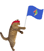 a cat wearing a red headband holds a blue flag with a kite on it