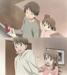 a boy and a girl are standing next to each other in a room with a sign that says t.c.