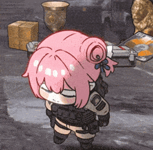 a cartoon girl with pink hair is standing in front of a box that says ' dna ' on it