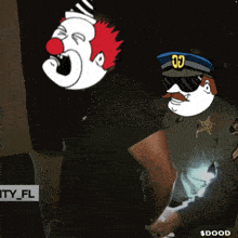 a cartoon of a clown being arrested by a police officer with $ dood written in the corner