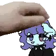 a hand is petting a cartoon character with purple hair and glasses .