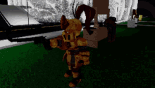 a cartoon character holding a gun in a dark room