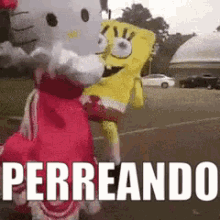 a hello kitty and spongebob mascot are hugging each other in a parking lot