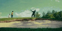 a man in a plaid shirt is standing on a golf course