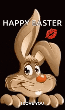 a happy easter greeting card with a cartoon rabbit