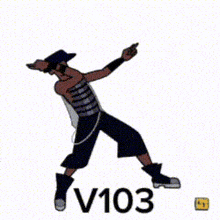 a cartoon drawing of a man dancing with the number v103 behind him