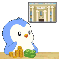 a penguin is sitting at a table with coins and money in front of a laptop screen