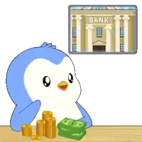 a penguin is sitting at a table with coins and money in front of a laptop screen