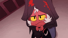 a cartoon character with a bow tie and a hood