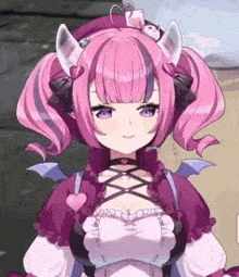 a cute anime girl with pink hair and purple eyes is wearing a purple dress and a hat .