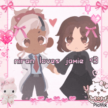 a picture of a man and woman holding hands with niran loves jamie