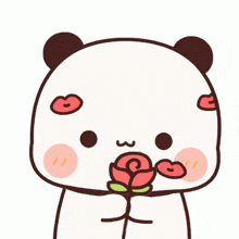 a cartoon of a panda bear holding a rose in its mouth