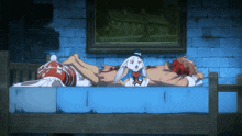 a person laying on a bed with a stuffed rabbit on top of them