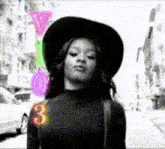a black and white photo of a woman wearing a hat with the number 3 on her chest