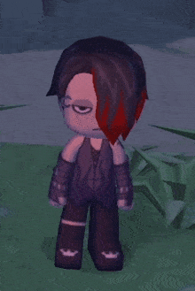 a cartoon character with red hair is standing in a field