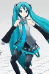 a girl with long blue hair and a tie is dancing