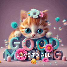 a cat with flowers on its head sits on a sign that says good morning love to all