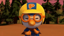 a cartoon character wearing a yellow helmet with a letter p on it