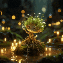a small tree with roots and leaves growing out of it