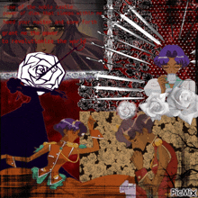 a picture of a woman with roses and swords has the word picmix on the bottom right