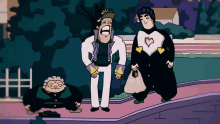 a cartoon of a man with a crown on his head standing next to two other men