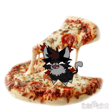 a drawing of a cat on top of a pizza with a slice coming out of it