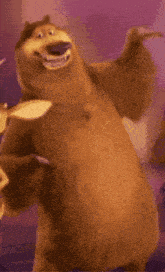 a cartoon bear is dancing with his arms outstretched and smiling .