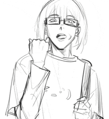 a black and white drawing of a person with glasses and a smiley face on their shirt