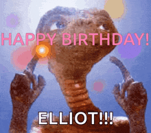 a picture of et giving the middle finger and saying happy birthday elliot !!!