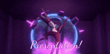 a woman in a red dress is dancing in front of a presentation sign