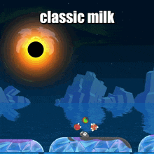 a cartoon drawing of a black hole with the words classic milk below it