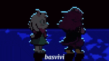 a pixel art of two characters standing next to each other with the word basvivi on the bottom right